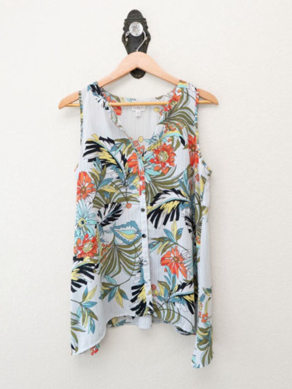 Spense Floral Blouse Womens Large Sleeveless Tropical Button Front Flowy Top